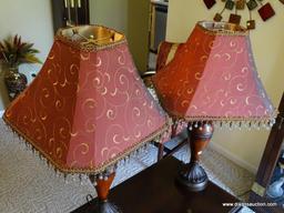 (FR) PAIR OF TWO TONED BROWN & RUST COLORED TABLE LAMPS WITH BEADED RED & GOLD TONED SHADES.