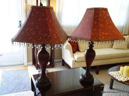 (FR) PAIR OF TWO TONED BROWN & RUST COLORED TABLE LAMPS WITH BEADED RED & GOLD TONED SHADES.