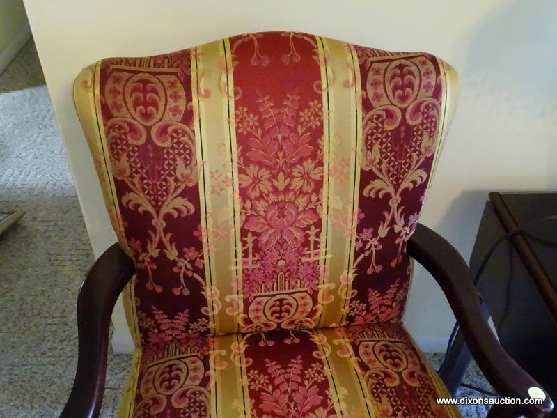 (FR) UPHOLSTERED ARM CHAIR WITH TONES OF RED, GOLD & CREAM COLORS. MEASURES APPROX. 23" X 21" X 36"