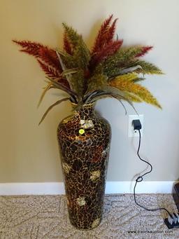 (FR) TALL DECORATIVE MOSAIC VASE WITH WHEAT-LIKE FLORAL ARRANGEMENT. MEASURES APPROX. 23" TALL.