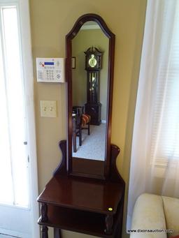 (FR) WOODEN MIRRORED HALL TABLE WITH CENTER SHELF & LOWER PLATFORM. MEASURES APPROX. 19" X 12" X