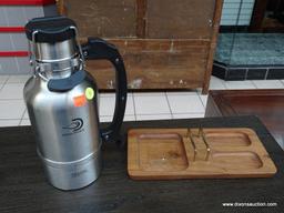 (R1) DRINK TANKS INSULATED LOCKING LID THERMOS WITH HANDLE. ALSO INCLUDES A WOODEN ORGANIZING TRAY.