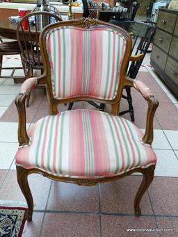 (R1) ESTATE OWNED PECAN WOOD FINISH ARM CHAIR WITH STRIPE UPHOLSTERED BACK, ARMS, AND SEAT. IS 1 OF