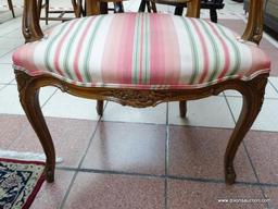 (R1) ESTATE OWNED PECAN WOOD FINISH ARM CHAIR WITH STRIPE UPHOLSTERED BACK, ARMS, AND SEAT. IS 1 OF