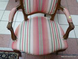 (R1) ESTATE OWNED PECAN WOOD FINISH ARM CHAIR WITH STRIPE UPHOLSTERED BACK, ARMS, AND SEAT. IS 1 OF