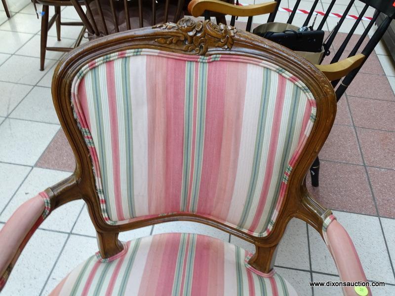 (R1) ESTATE OWNED PECAN WOOD FINISH ARM CHAIR WITH STRIPE UPHOLSTERED BACK, ARMS, AND SEAT. IS 1 OF