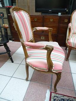 (R1) ESTATE OWNED PECAN WOOD FINISH ARM CHAIR WITH STRIPE UPHOLSTERED BACK, ARMS, AND SEAT. IS 1 OF