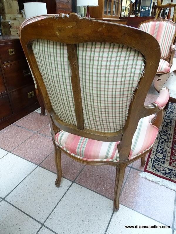 (R1) ESTATE OWNED PECAN WOOD FINISH ARM CHAIR WITH STRIPE UPHOLSTERED BACK, ARMS, AND SEAT. IS 1 OF