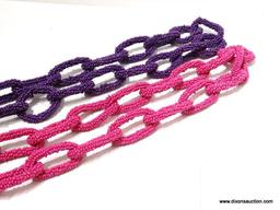 (SC) LOT OF 2 COSTUME JEWELERY BEADED CHAIN LINK NECKLACE COLOR INCLUDE PINK, AND PURPLE, AT 21 IN.