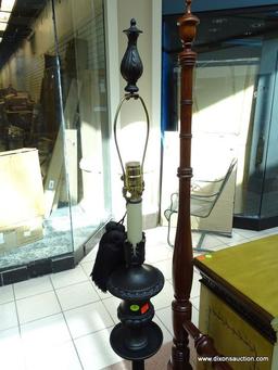 (R1) BRONZE TONED FLOOR LAMP WITH HARP AND FINIAL. MEASURES 66.5 IN TALL. ITEM IS SOLD AS IS WHERE