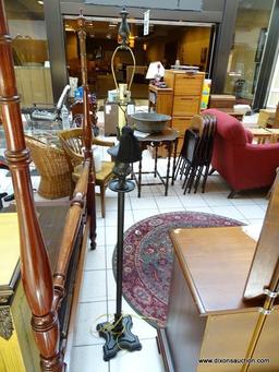 (R1) BRONZE TONED FLOOR LAMP WITH HARP AND FINIAL. MEASURES 66.5 IN TALL. ITEM IS SOLD AS IS WHERE