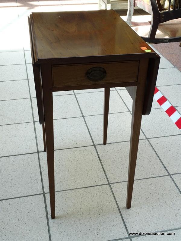 (R3) SUTERS SOLID MAHOGANY SINGLE DRAWER PEMBROKE TABLE WITH HEPPLEWHITE LEGS. IS 1 OF A PAIR. WITH