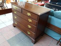 (R3) HENKEL HARRIS SOLID WILD CHERRY 4 DRAWER CHEST WITH BRASS CHIPPENDALE STYLE PULLS. HAS