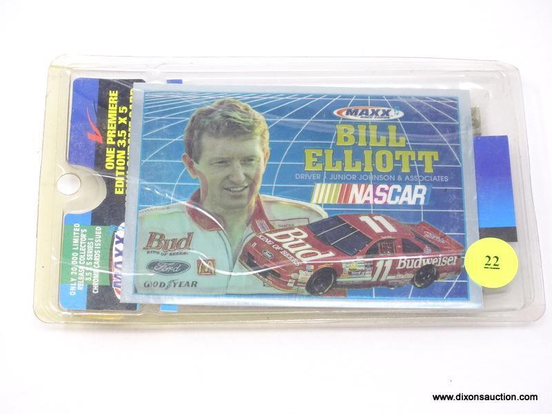 ONE PREMIER EDITION COLLECTIBLE 3.5 IN X 5 IN CHROME CARD OF BILL ELLIOTT. INCLUDES A MAXX RACE CAR