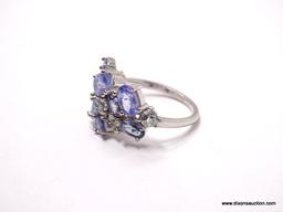 .925 AAA UNHEATED GORGEOUS VIOLET FACETED BLUE TANZANITE CLUSTER; WHITE SAPPHIRE ACCENTS; SIZE 7.75
