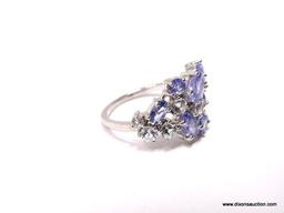 .925 AAA UNHEATED GORGEOUS VIOLET FACETED BLUE TANZANITE CLUSTER; WHITE SAPPHIRE ACCENTS; SIZE 7.75