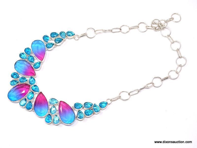 .925 18" RHODIUM GORGEOUS BI - COLOR; BLUE AND PINKISH FACTED GEMS WITH SWISS BLUE ACCENTS; CHOKER