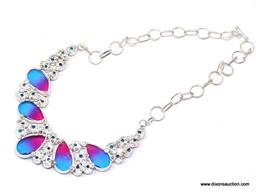 .925 18" RHODIUM GORGEOUS BI - COLOR; BLUE AND PINKISH FACTED GEMS WITH SWISS BLUE ACCENTS; CHOKER