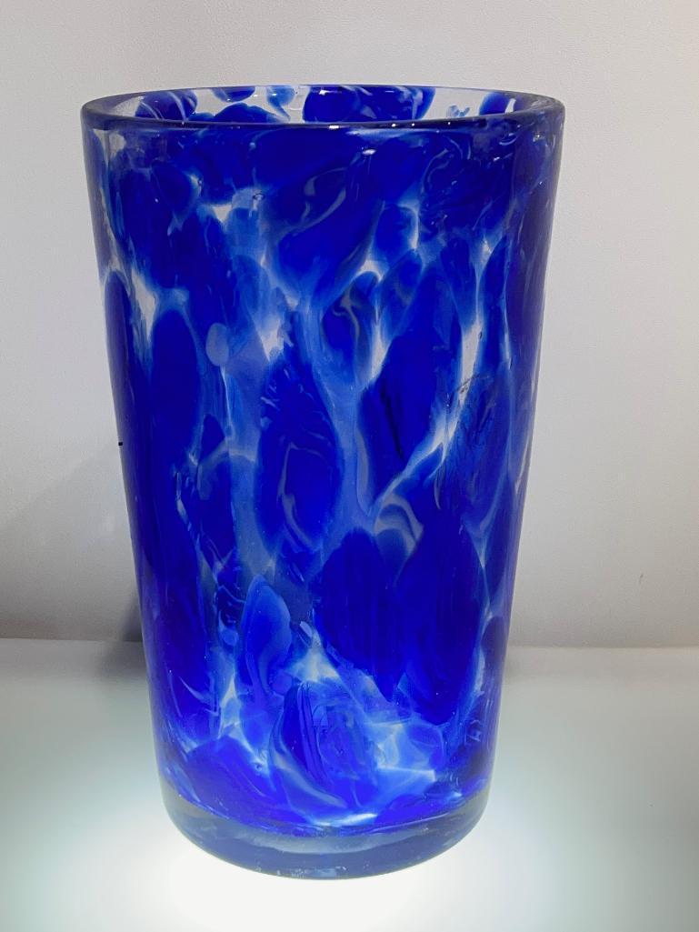 (1A) HAND BLOWN COBALT BLUE VASE POLISHED POMMEL 9 3/4 INCH HEIGHT, 6 INCH DIAMETER