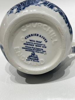 (1A) CHURCHILL BLUE AND WHITE CHINA CREAMER SUGAR SETS INCLUDING BLUE WILLOW, AND CURRIER & IVES