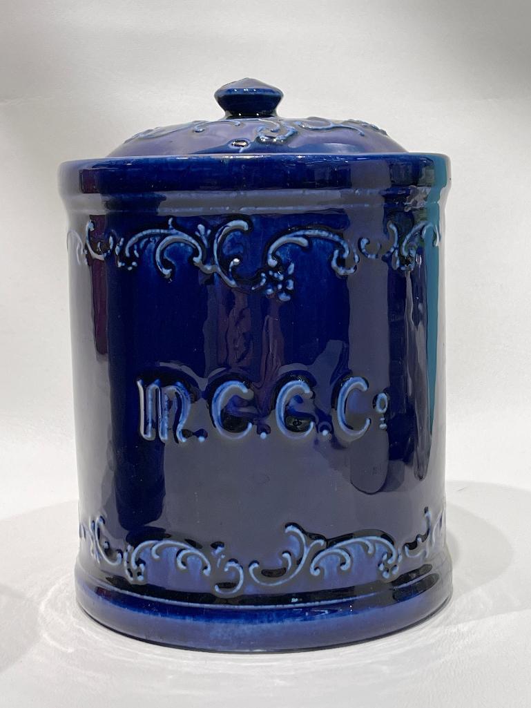 (1A) ANTIQUE COBALT BLUE TOBACCO CANISTERS. THREE MARKED M.C.C.C, DUKE OF MONMOUTH; ONE MARKED A