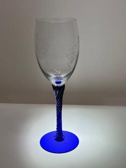 (3C) SIX CRYSTAL STEM WINE GLASSES WITH COBALT BLUE PEDESTALS. REPLACEMENTS NO. UNK 14801 BY UNKNOWN