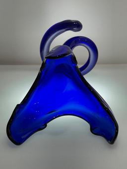 (1A) COBALT BLUE HAND BLOWN ART GLASS TRUMPET VASE 11.5 INCH HEIGHT