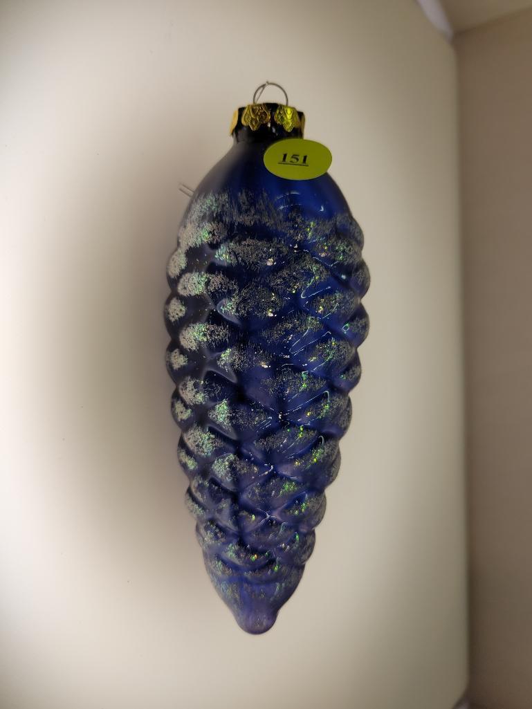 BLOWN GLASS HANGING SHIMMERING BLUE PINE CONE - MEASURES APPROX 6" TALL