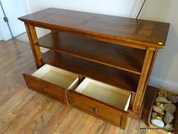 (LR) OAK CONSOLE WITH SHELF AND 2 LOWER DRAWERS- BRAND NEW CONDITION- 50 IN X18 IN X 30 IN, ITEM IS