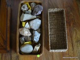 (LR) INLAID WOODEN BASKET WITH ROCKS AND A WOVEN BASKET, ITEM IS SOLD AS IS, WHERE IS, WITH NO