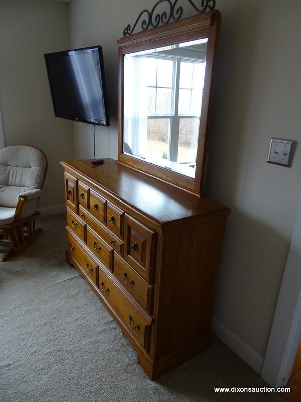 (MBED) ATHENS FURNITURE 8 DRAWER OAK DRESSER WITH MIRROR -MINOR FINISH ISSUE ON THE TOP , VERY GOOD