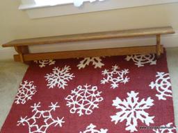 (MBED) 2 PIECE LOT - OAK WALL QUILT RACK- 42 IN X 6 IN X 8 IN AND A SNOWFLAKE RUG- 37.5 IN X 23 IN,
