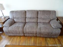 (LR) ONE OF A PR. OF BRUSHED SUEDE ELECTRIC RECLINING SOFA - BRAND NEW CONDITION- 91 IN X 41 IN X 37