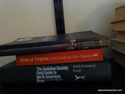 (BED1) SHELF LOT OF NOVELS AND 2 BIRD GUIDE BOOKS, ITEM IS SOLD AS IS, WHERE IS, WITH NO GUARANTEE