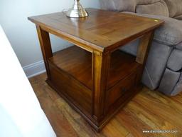 (LR) ONE OF A PR. OF OAK END TABLE WITH SHELF AND LOWER DRAWER, BRAND NEW CONDITION, ITEM IS SOLD AS