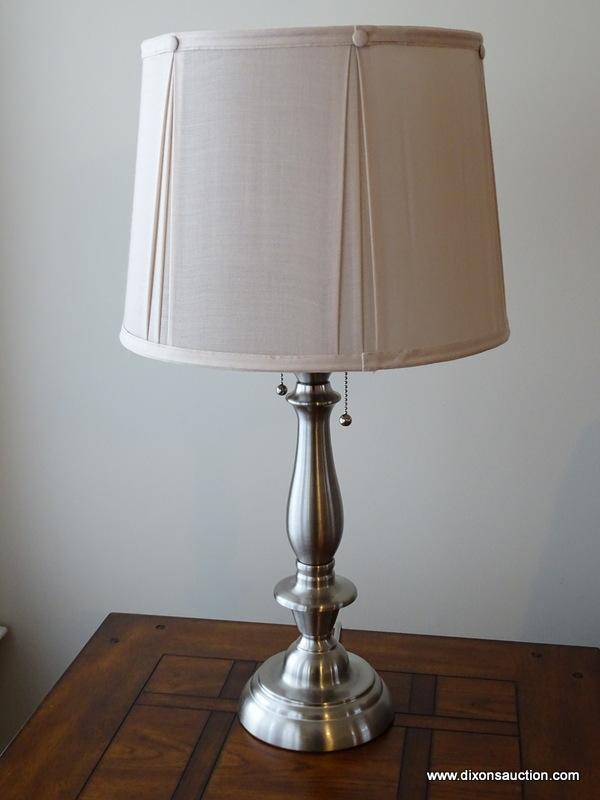 (LR) PR. OF BRUSHED NICKEL LAMPS WITH CLOTH SHADE - BRAND NEW CONDITION- 27 IN H, ITEM IS SOLD AS