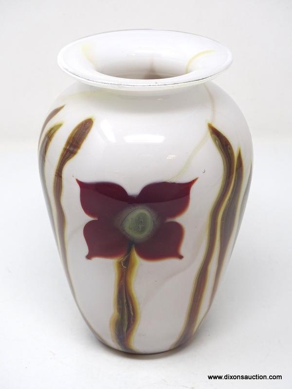 Opaque White vase having a flaring silver rimed lip with imbedded decoration of brown & green leaves