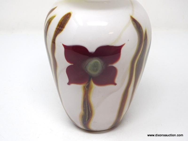Opaque White vase having a flaring silver rimed lip with imbedded decoration of brown & green leaves