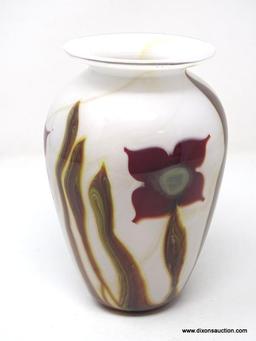 Opaque White vase having a flaring silver rimed lip with imbedded decoration of brown & green leaves