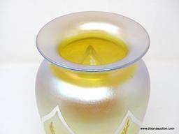 A gold iridescent vase having a wide flaring rim over wide shoulders tapering to form a rolled foot