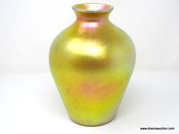 An amphora shaped, gold iridescent vase having an unfired silver painted rim. 8 1/8" in height.