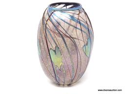 Translucent colorless glass frosted and surface decorated with iridescent blue lily pads and