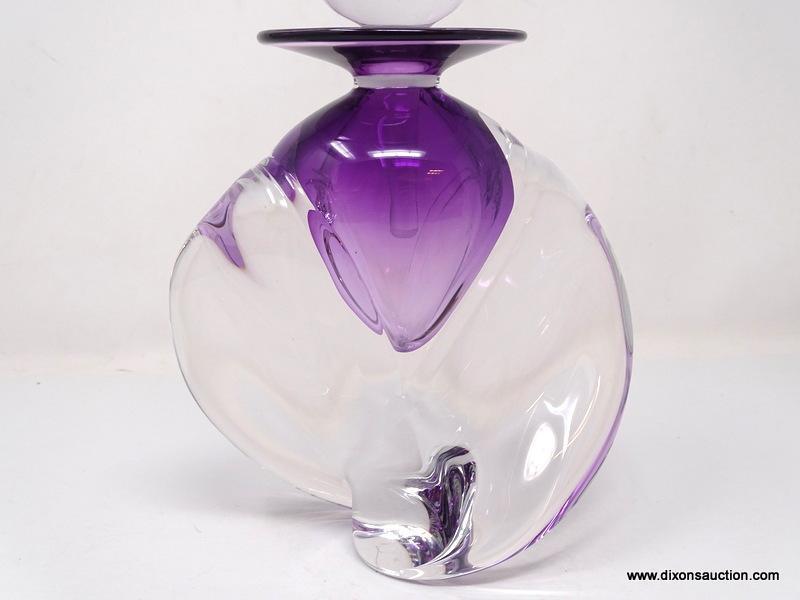 Extra large clear glass perfume bottle with amethyst colored vessel. Smooth flowing. heavy twisted