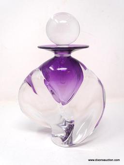 Extra large clear glass perfume bottle with amethyst colored vessel. Smooth flowing. heavy twisted