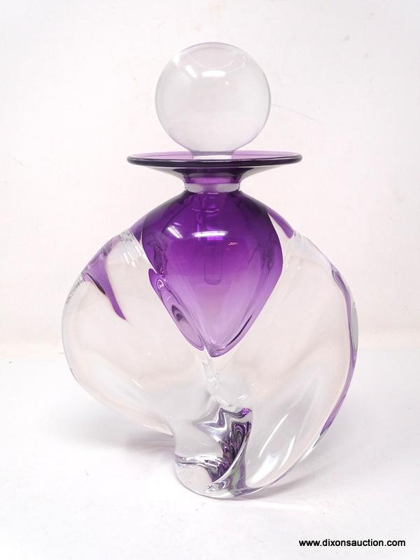 Extra large clear glass perfume bottle with amethyst colored vessel. Smooth flowing. heavy twisted