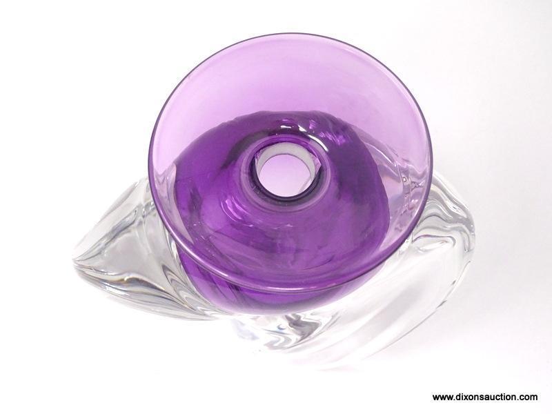 Extra large clear glass perfume bottle with amethyst colored vessel. Smooth flowing. heavy twisted