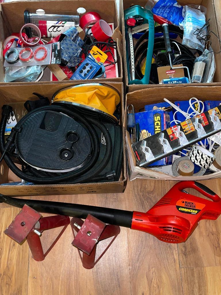 (I2L) FIVE BOXES OF GARAGE AND WORKSHOP CONTENTS INCLUDING BLACK AND DECKER LEAF BLOWER (UNTESTED),