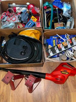 (I2L) FIVE BOXES OF GARAGE AND WORKSHOP CONTENTS INCLUDING BLACK AND DECKER LEAF BLOWER (UNTESTED),