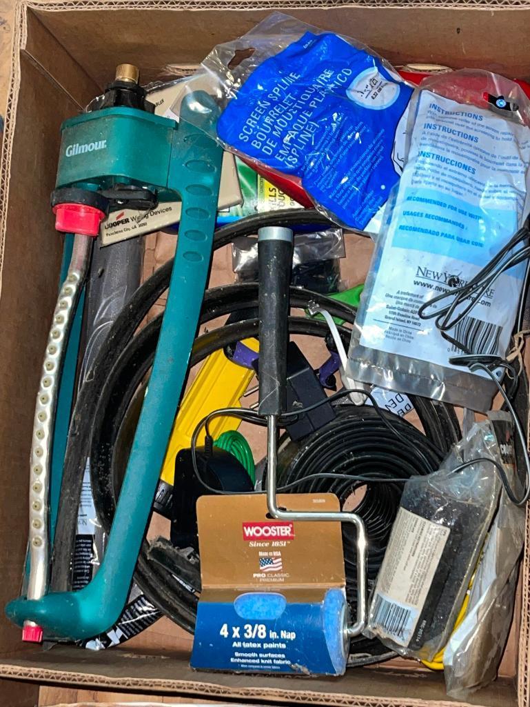 (I2L) FIVE BOXES OF GARAGE AND WORKSHOP CONTENTS INCLUDING BLACK AND DECKER LEAF BLOWER (UNTESTED),