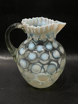 (14N) OPALESCENT GLASS COIN DOT PITCHER WITH FLUTED RIM, AND ETCHED GRAPE DRINK PITCHER. 8 INCH